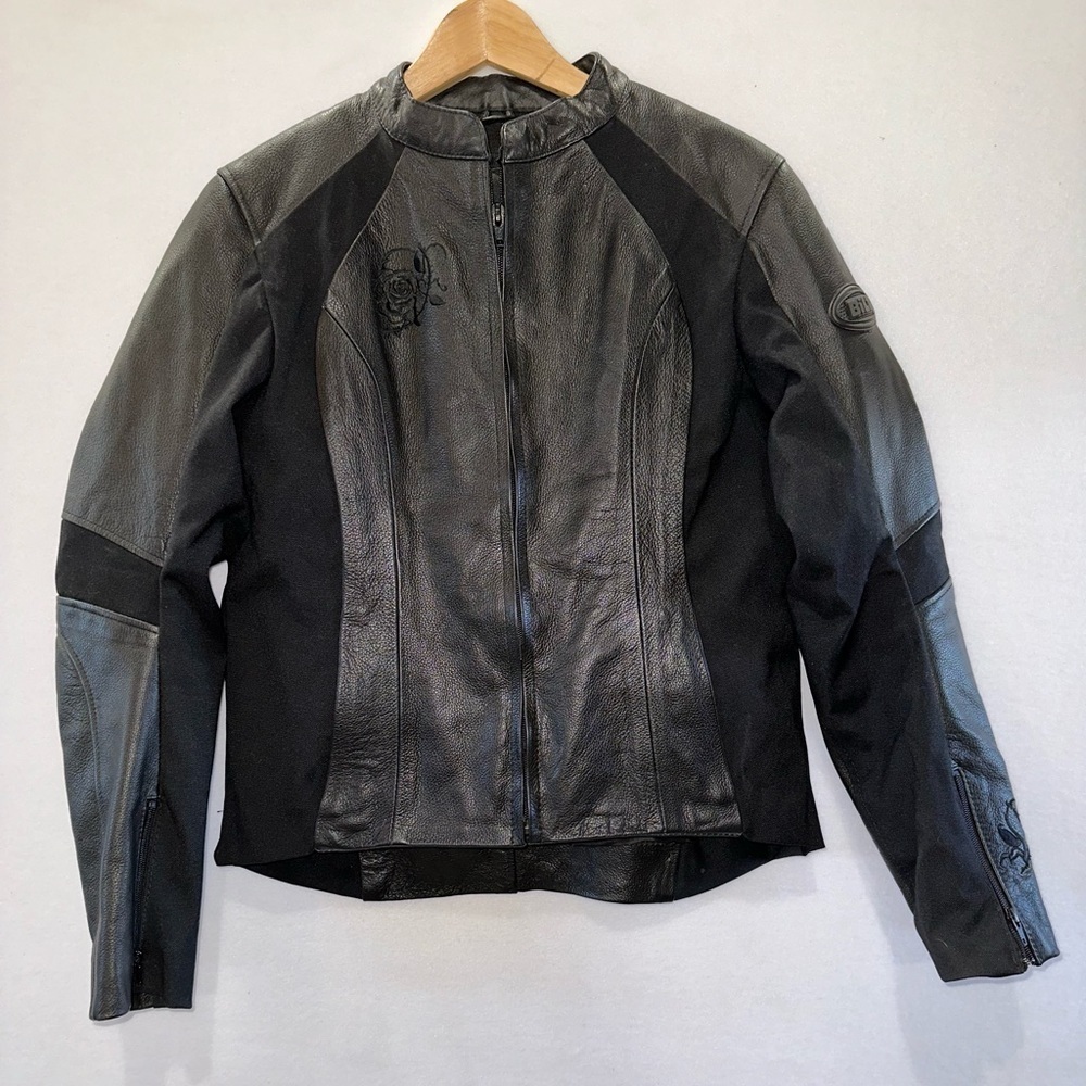 Women's Bilt Leather Motorcycle Riding Jacket Size 10 Black Rose Embroid…